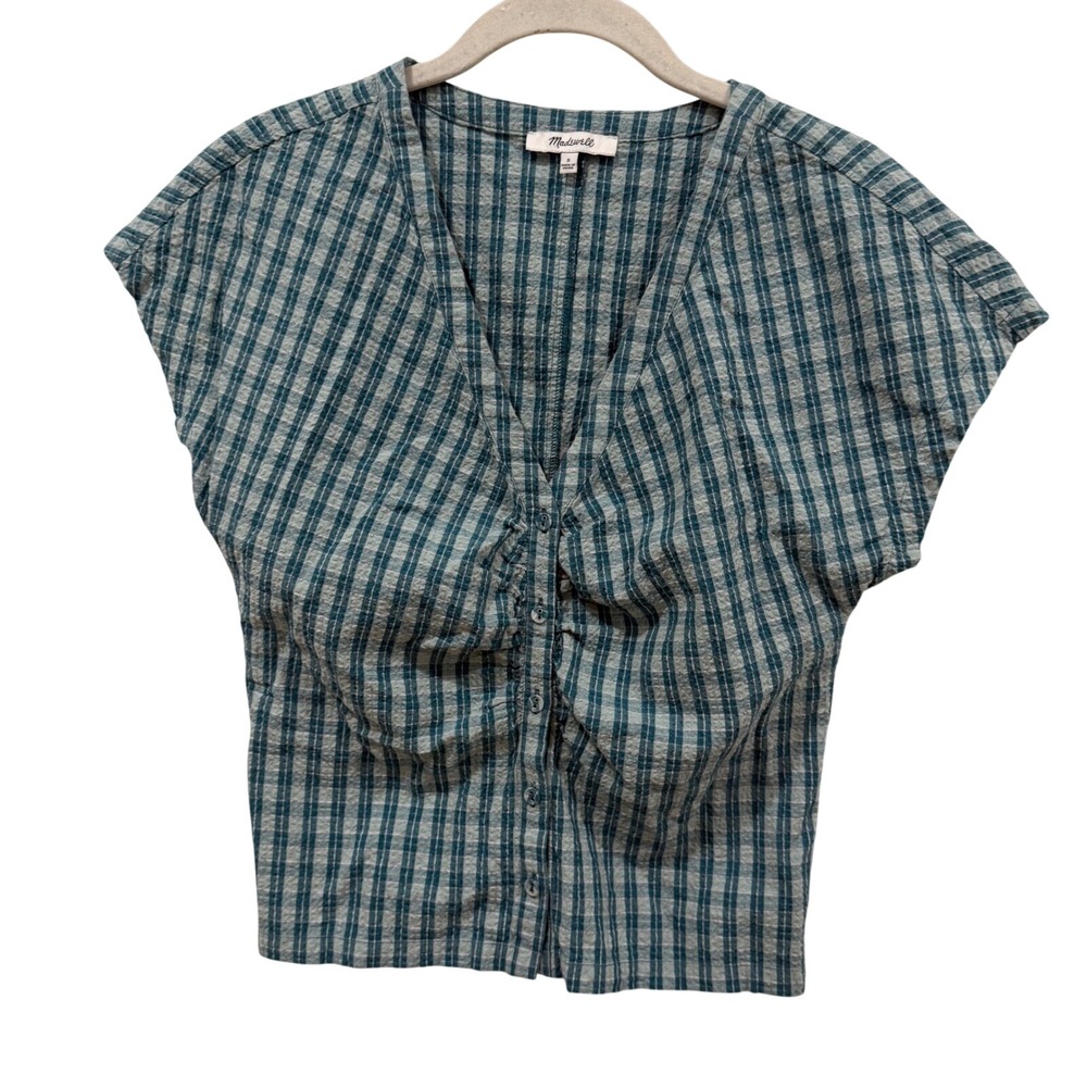 Madewell Plaid Ruched Button Front Top Blue Green‎ Seersucker NK791 Mens S